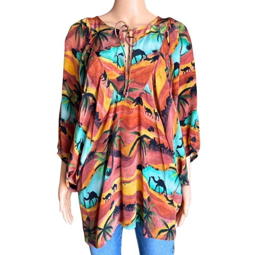 Chufy Oasis Desert Camel Print Boho Tunic Mini Dress Coverup Resortwear Small - Picture 2 of 7